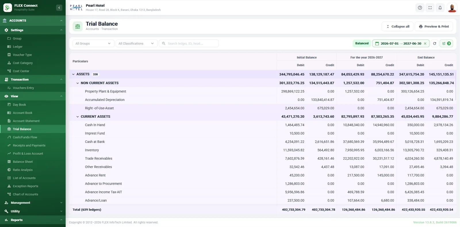 Ledgers by account group in FLEX Accounts accounting software: assets, opening, yearly and closing balances