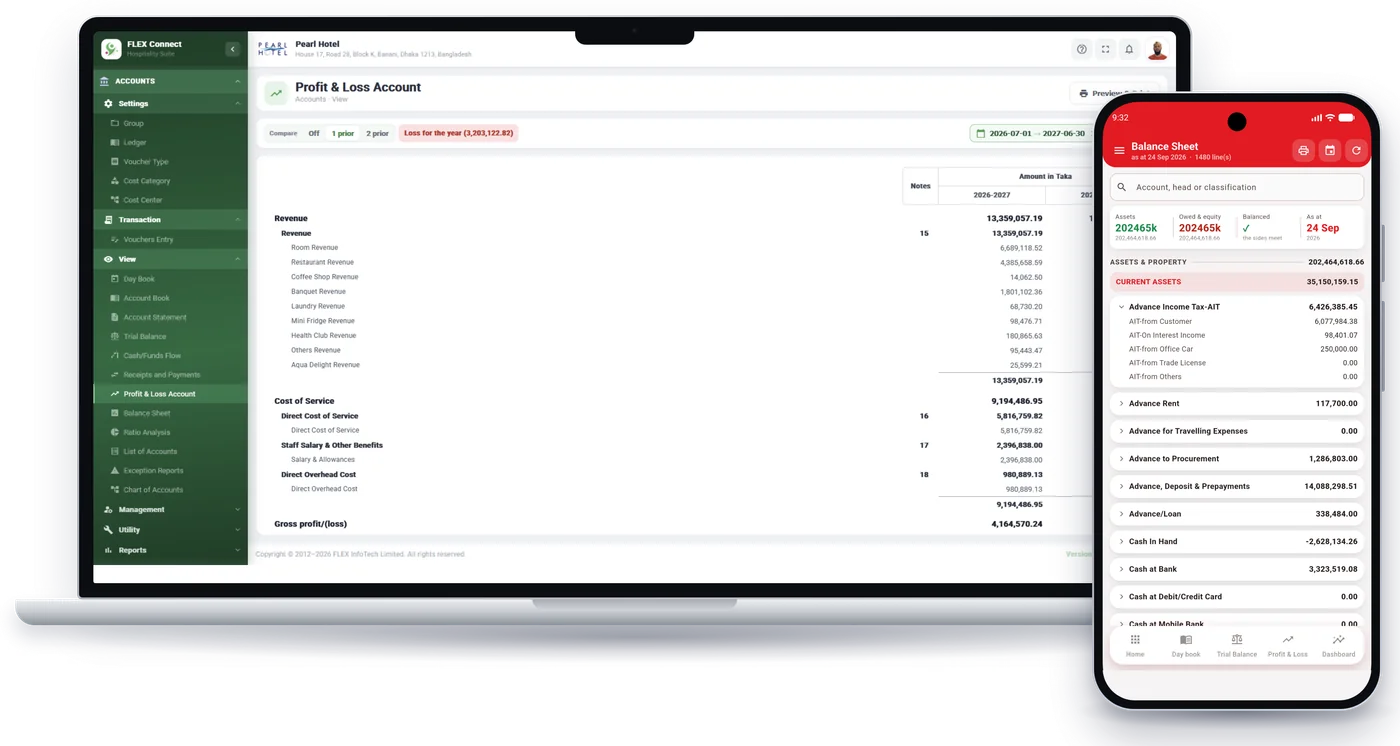 FLEX Accounts accounting software: profit & loss account on a laptop and balance sheet on the mobile app