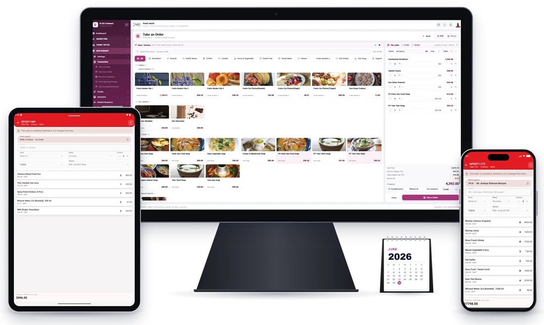 Restaurant and café POS order screens in FLEX POS on desktop, tablet and phone