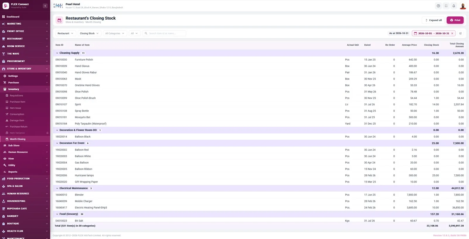 Restaurant inventory management in FLEX POS: closing stock by item and category
