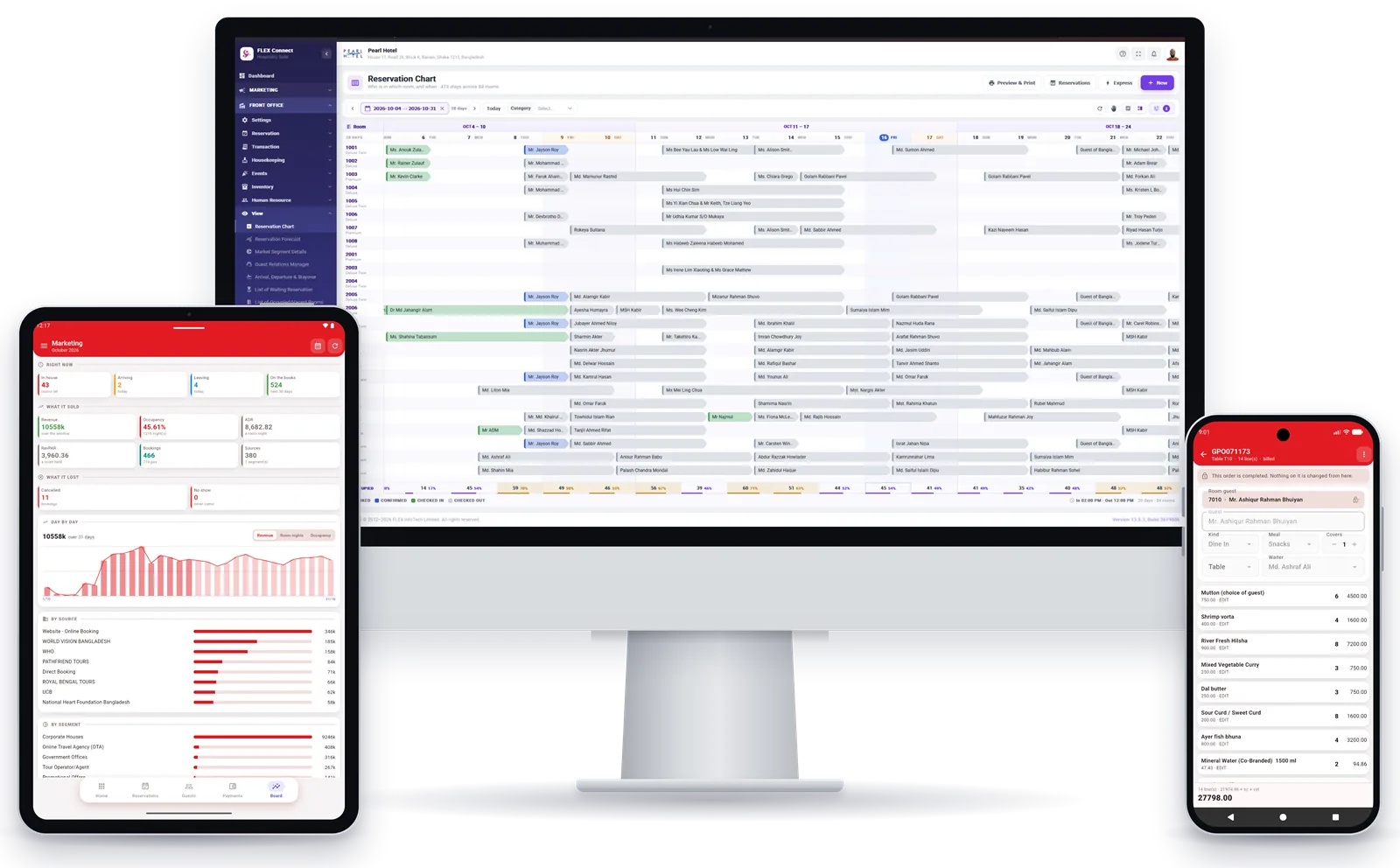 FLEX Connect on iMac, iPad and iPhone: reservation chart, marketing dashboard and restaurant POS order