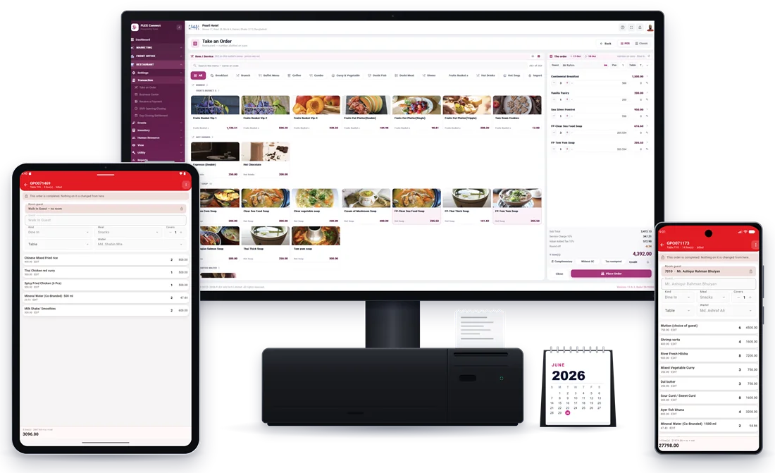 FLEX POS restaurant POS software: take-an-order screen with menu and bill on a POS terminal, tablet and phone