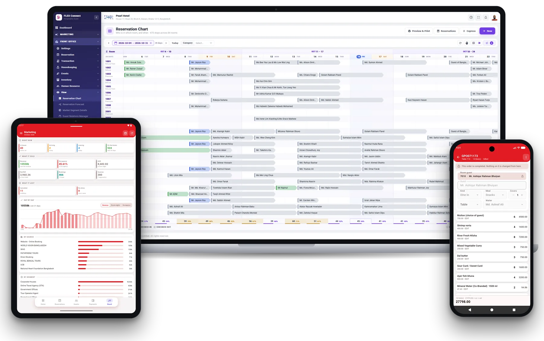 FLEX Connect cloud hotel software on laptop, tablet and phone: reservation chart, marketing dashboard and restaurant POS order